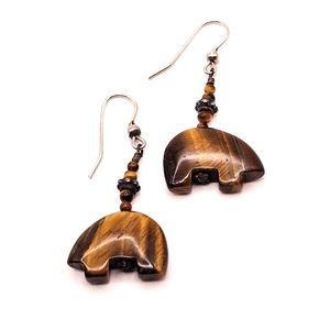 Sterling silver native tigers eye beaded dangle earrings with bear design